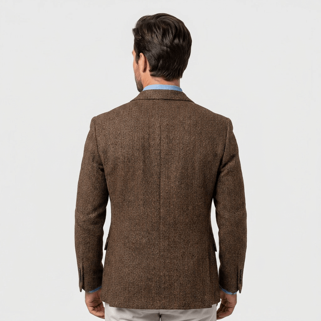 Back view of a men's brown textured blazer featuring a tailored fit, long sleeves, and classic structured design.
