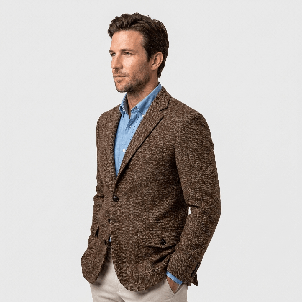 Side view of a man wearing a brown textured blazer over a blue button-down shirt with a tailored silhouette.
