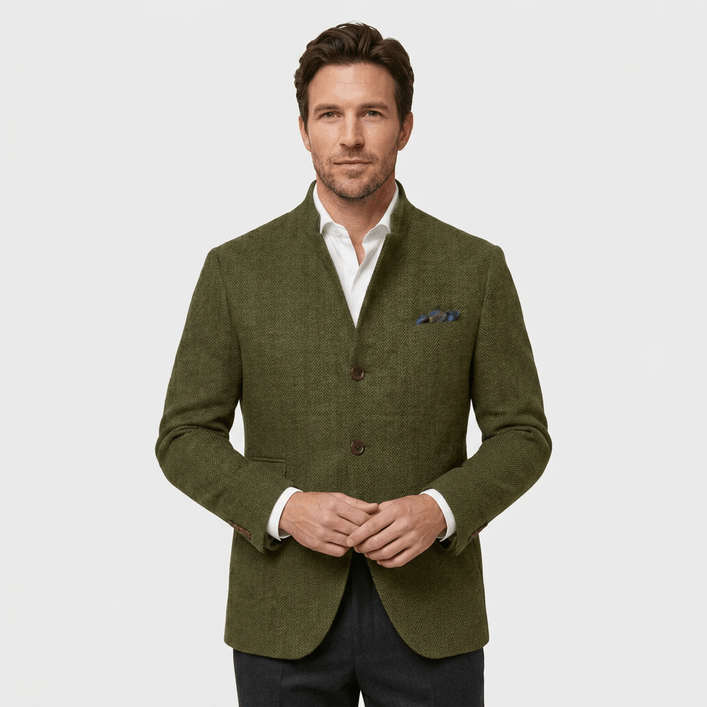 Man wearing an olive green textured blazer with a notched lapel, button closure, flap pockets, and tailored fit over a white dress shirt and black trousers.