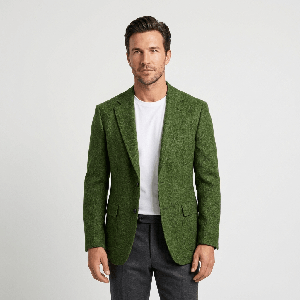 Man wearing an olive green textured blazer with a notched lapel, button closure, flap pockets, and tailored fit over a white shirt and black trousers.