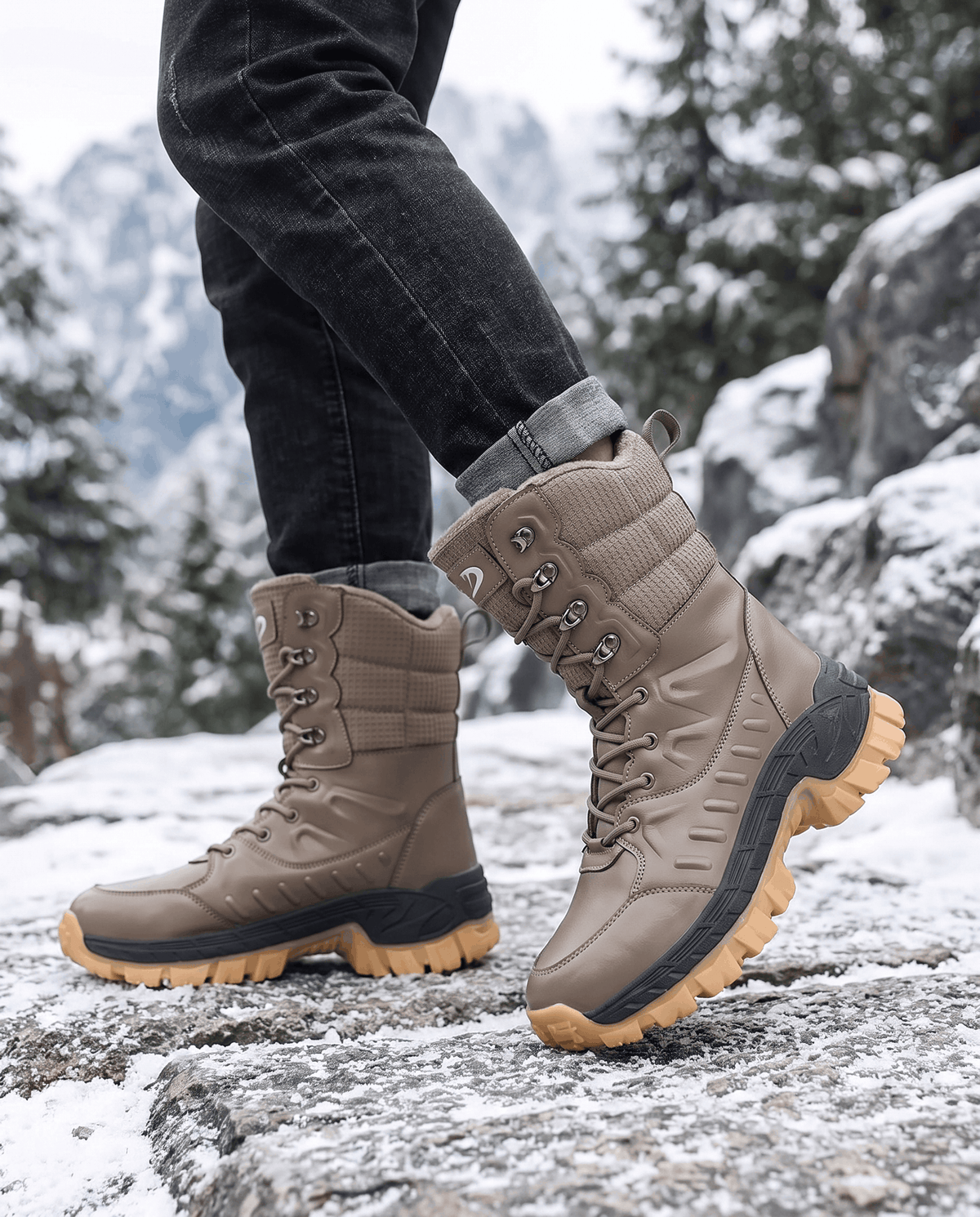 Khaki lace-up boots worn with dark jeans on a snow-dusted sidewalk