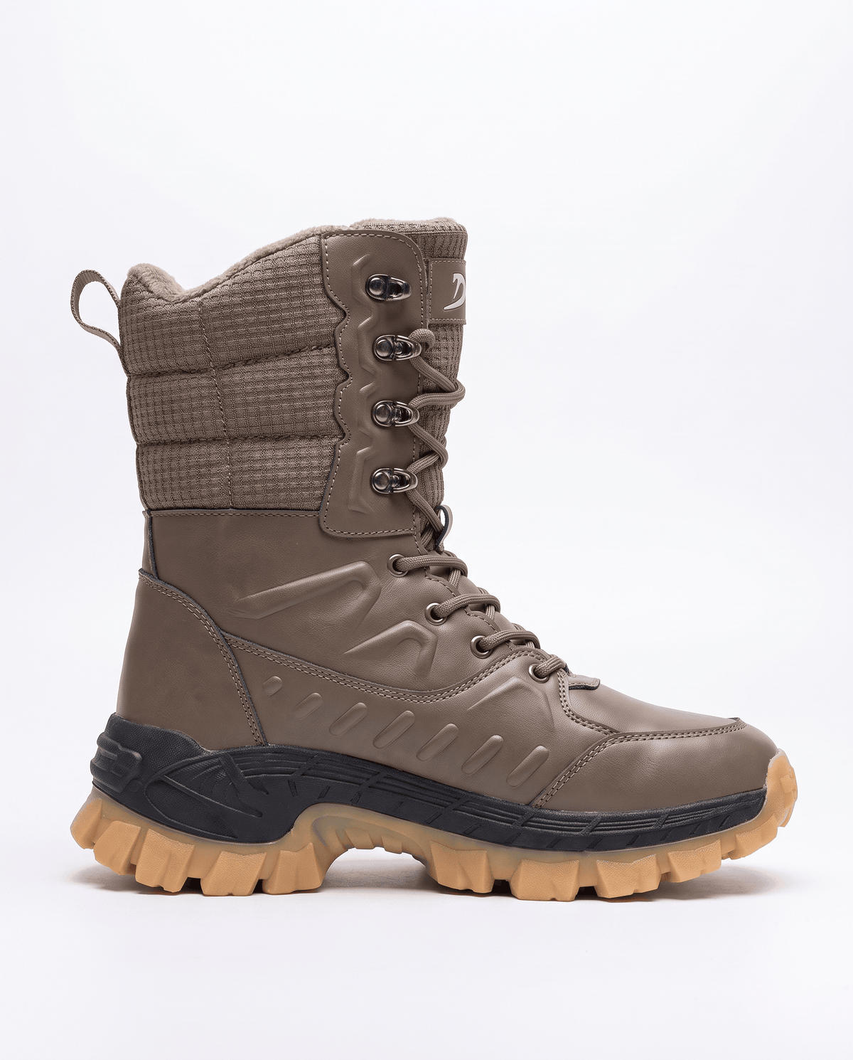 Side profile of a khaki quilted boot with laces and thick tan lug sole