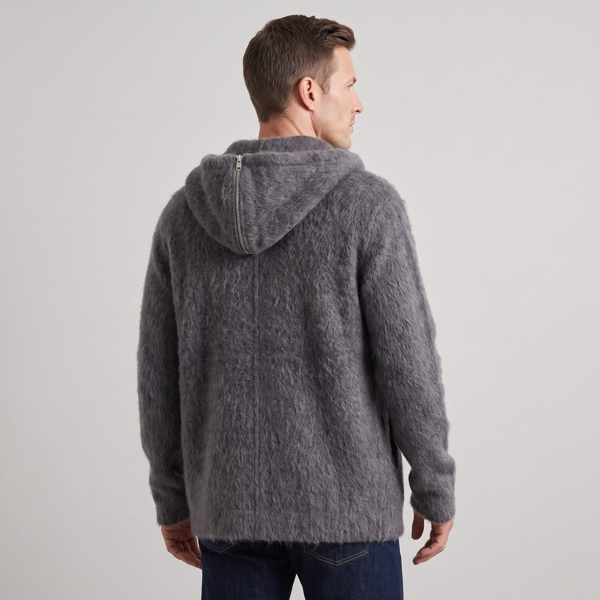 Back view of the gray hooded cardigan showing the hood and relaxed fit