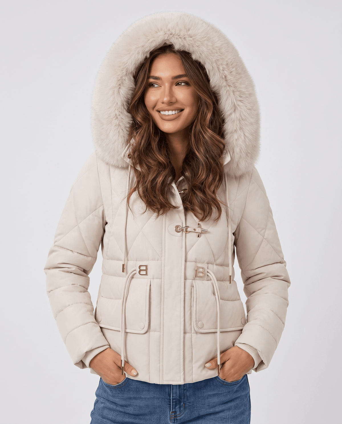 Model in white quilted jacket with plush-trim hood up and hands in pockets