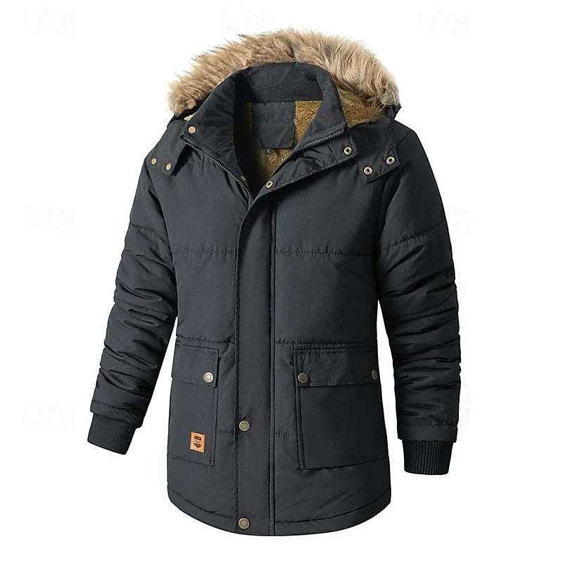 Black insulated parka laid flat on white background with fur-trim hood and front pockets