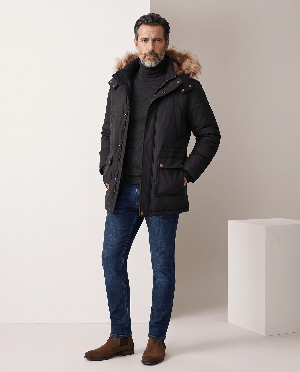 Man in black parka, blue jeans and brown boots standing in a bright studio