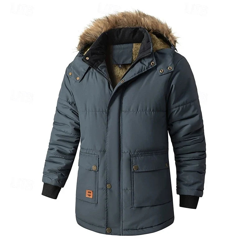 Dark blue insulated parka shown flat on white with ribbed cuffs and front pockets