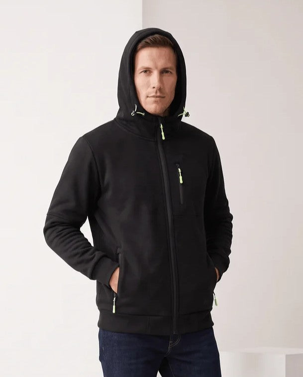 Black hoodie with the hood up and bright neon zip pulls