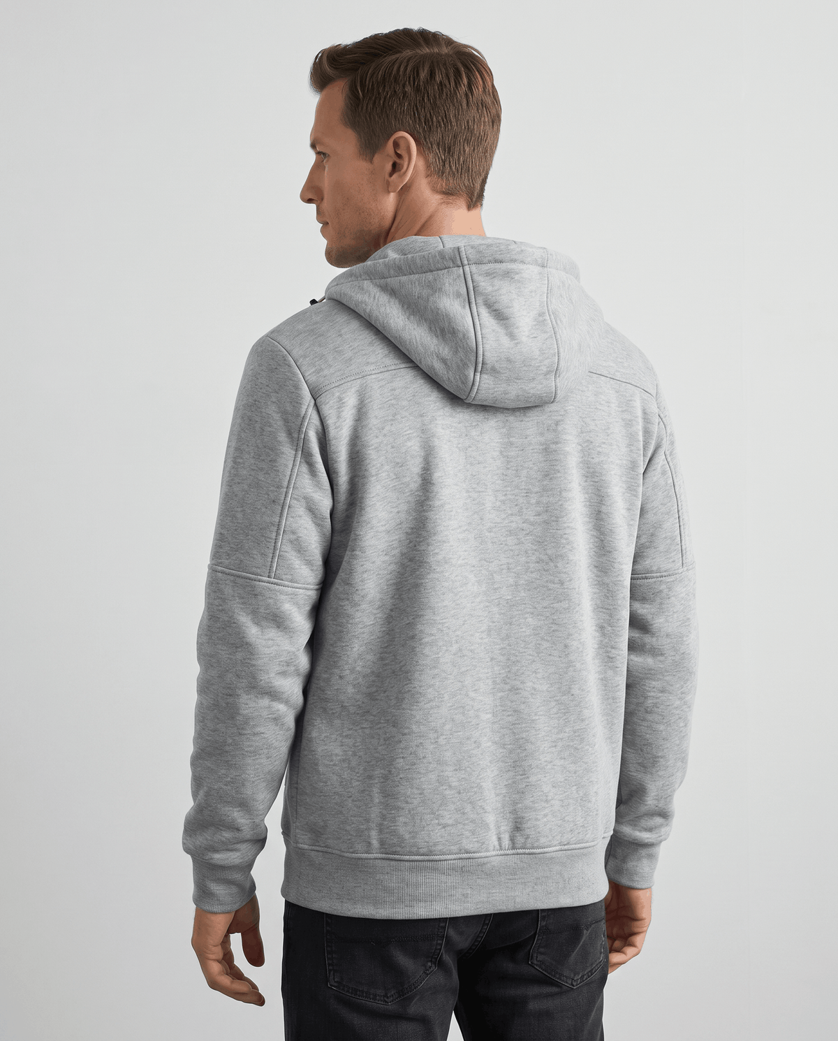 Back view of the heather gray zip-up hoodie with the hood down