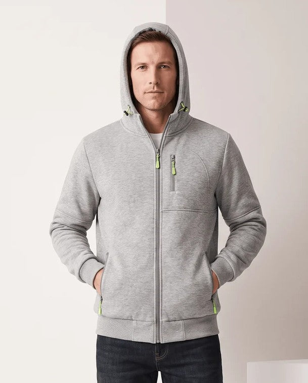Heather gray hoodie worn with the hood up over a gray tee