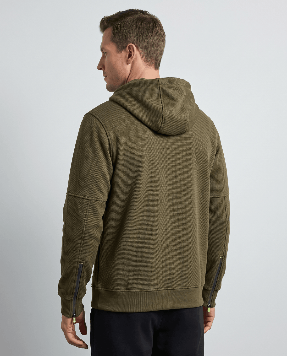 Back view of the olive green knit fleece hoodie