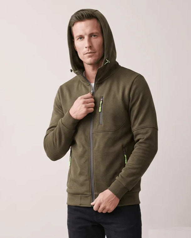 Olive hoodie with the hood up and a dark zip front
