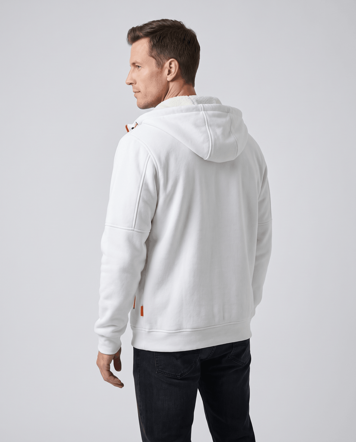 Back view of the white fleece hoodie with the hood down