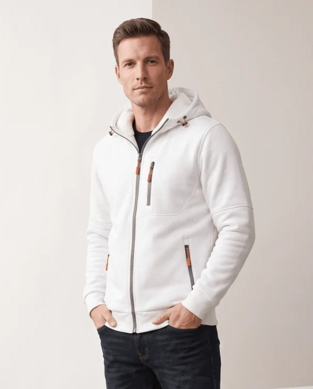 White hoodie with orange zip pulls worn over a black tee
