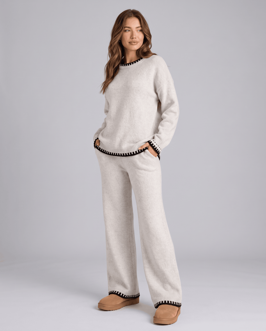 Knit Lounge Set – Contrast Trim Sweater, Wide-Leg Pants & Relaxed Fit | Odessa