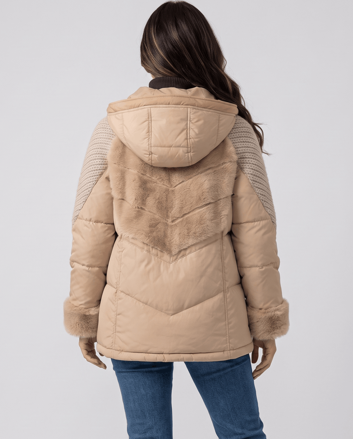 Back view of khaki jacket with hood, chevron quilting and plush panel