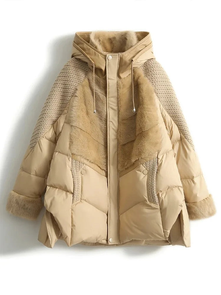 Khaki puffer jacket shown on its own with knit sleeves and plush chest panel