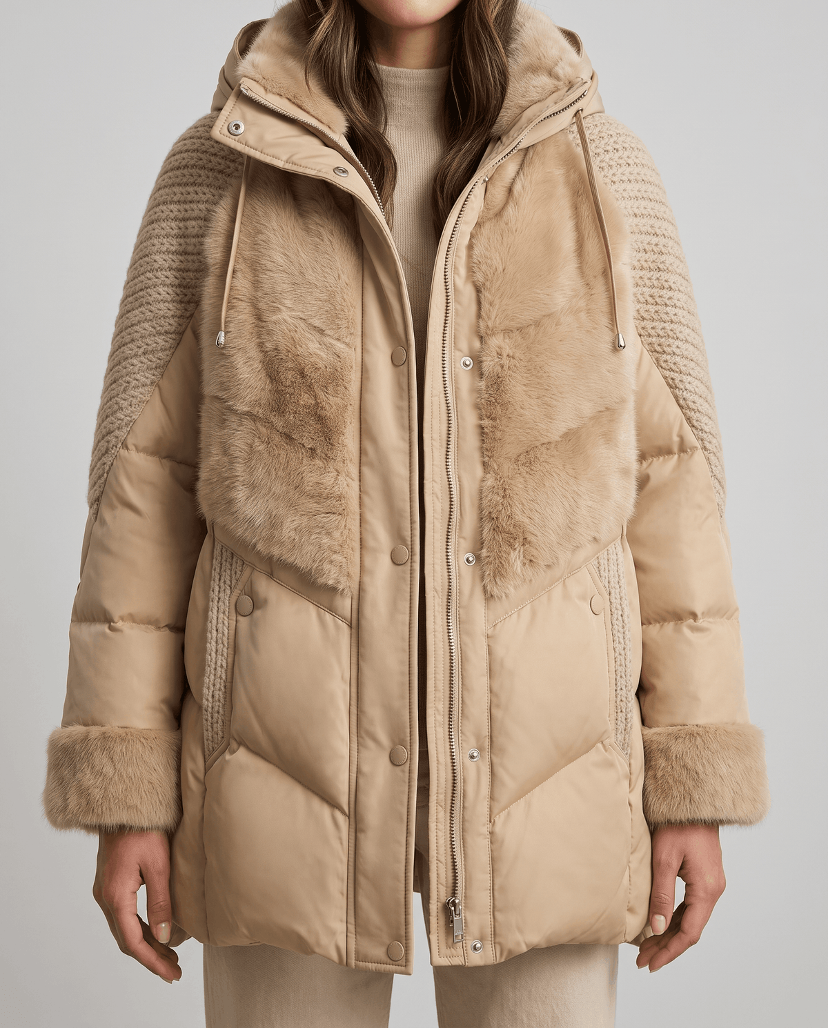Khaki jacket worn open showing the zip, snap placket and plush cuffs