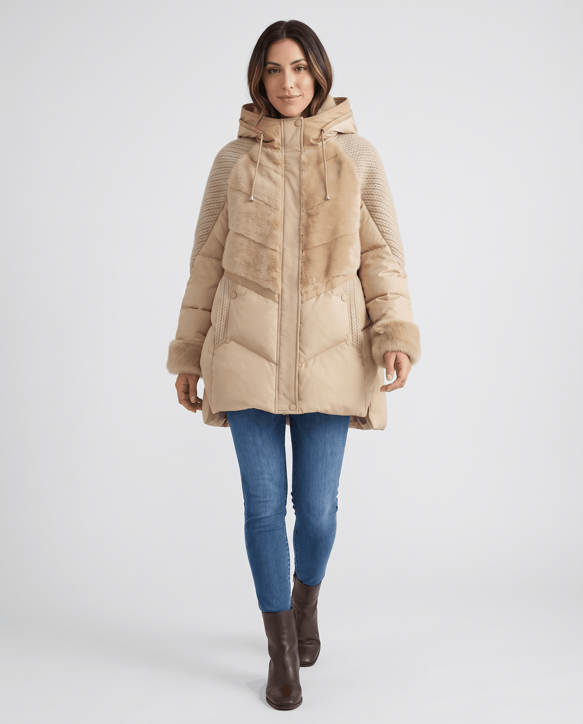 Full-length view of khaki jacket with blue jeans and brown ankle boots