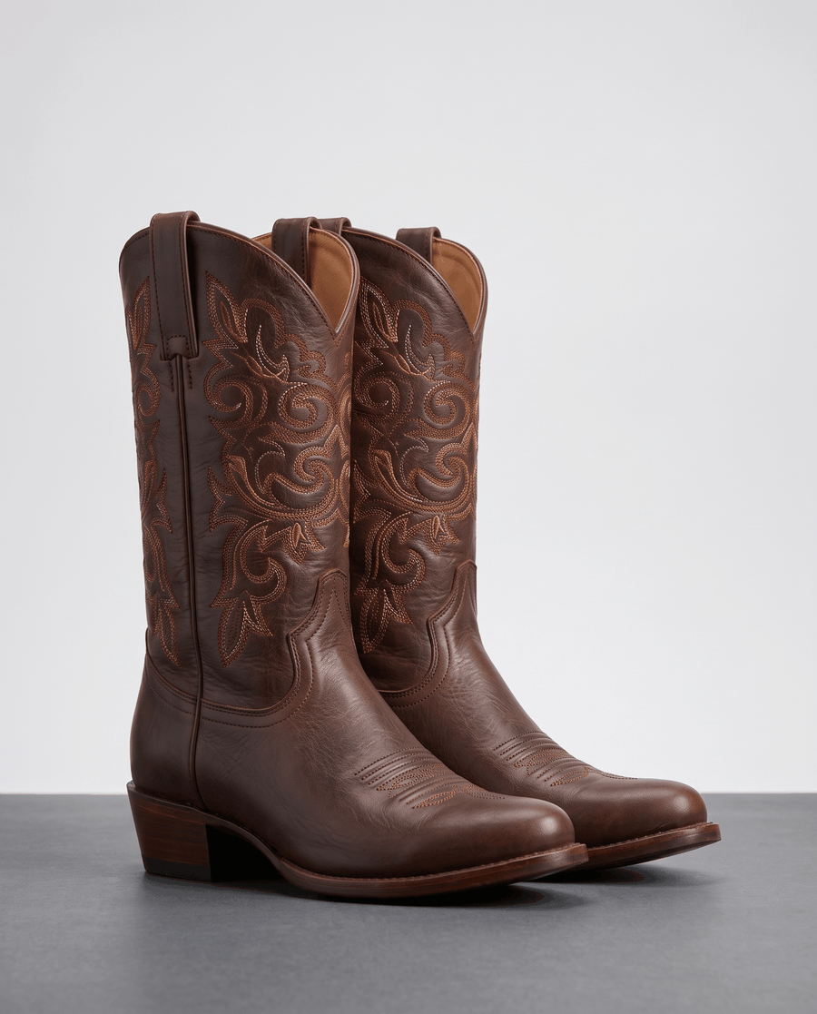 Leather Cowboy Boots – Embroidered Shaft, Stacked Heel & Round Toe | Gina
