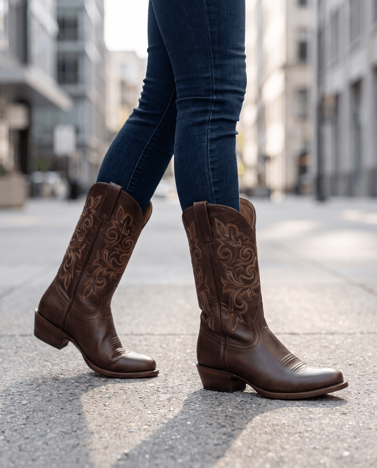 Legs in blue jeans and brown embroidered boots walking on a city street