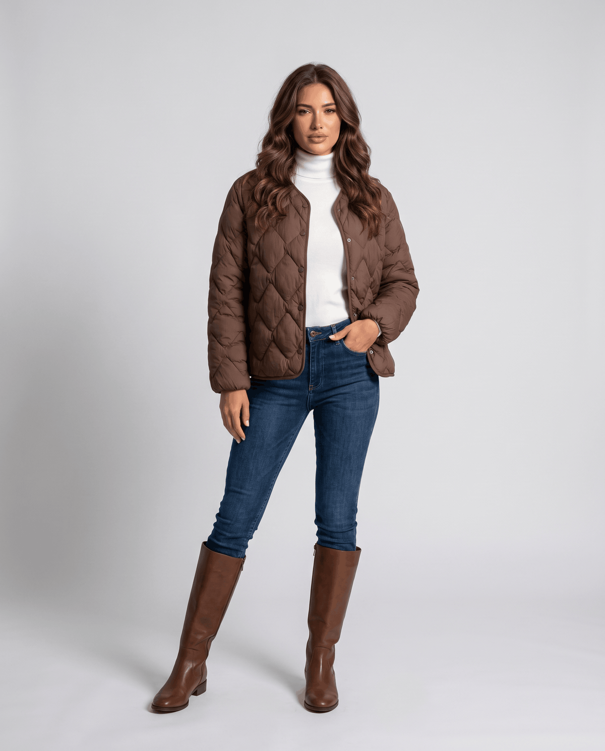 Full-length view of model in dark brown quilted jacket, jeans and tall brown boots