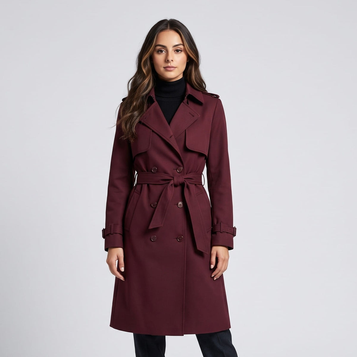 Woman in burgundy long belted trench coat over a black turtleneck, front view