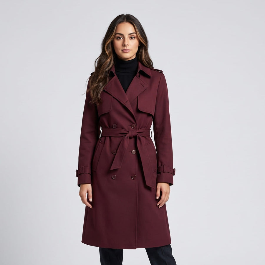 Long Belted Trench Coat – Double-Breasted, Storm Flaps & Cuff Straps | Maelle