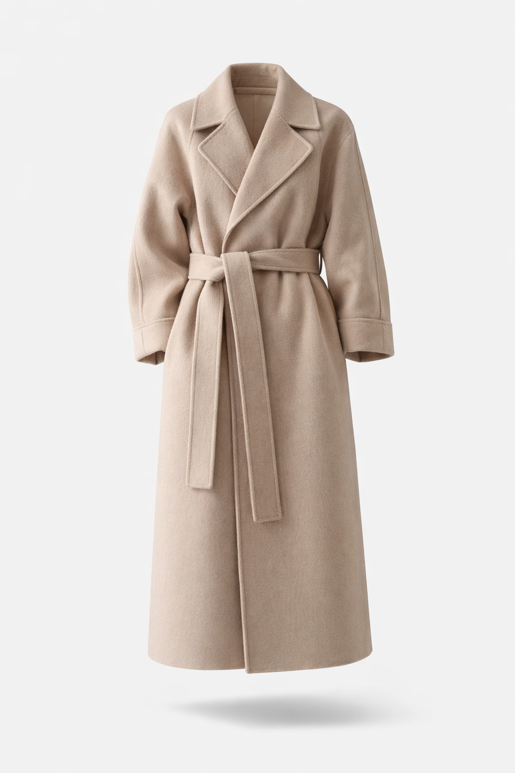 Beige coat shown on its own with the tie belt knotted at the front