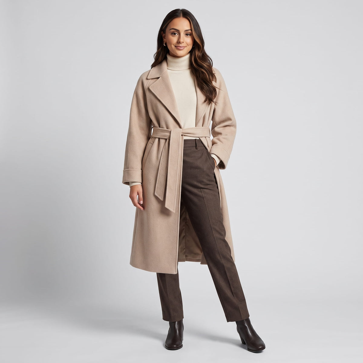 Woman in beige long belted wrap coat over a cream turtleneck and brown trousers