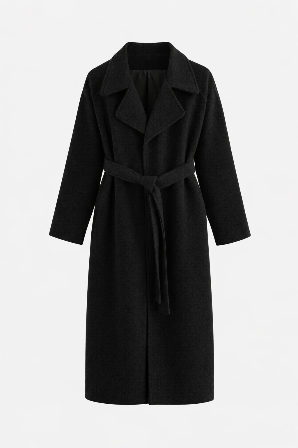 Black coat shown on its own with wide lapels and a knotted belt