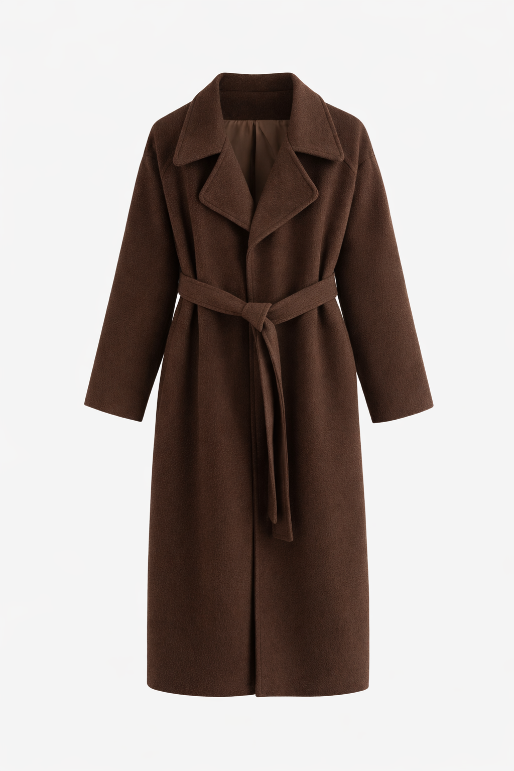 Brown coat shown on its own with notched lapels and a tied belt