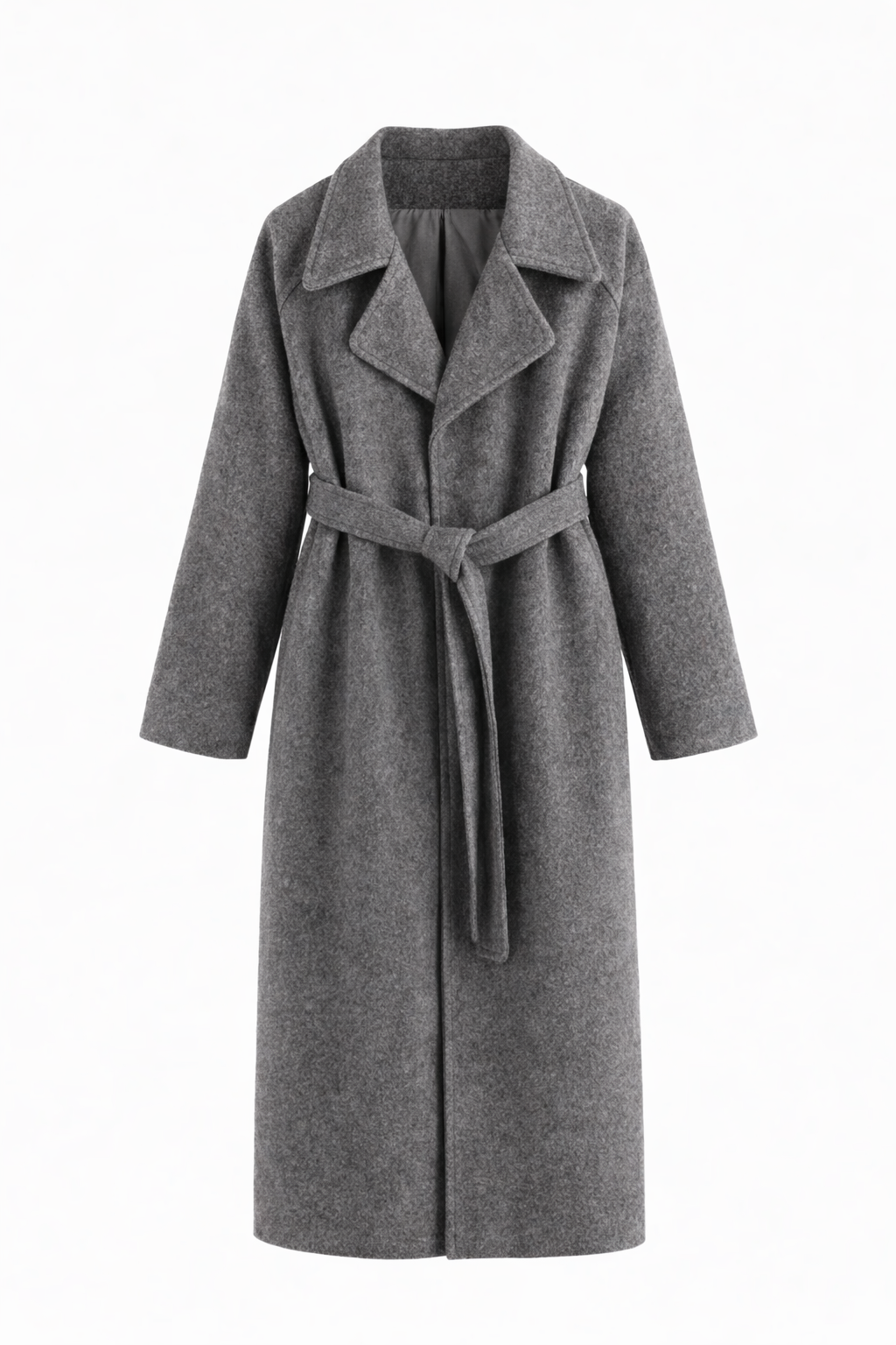 Gray coat shown on its own with notched lapels and a knotted belt