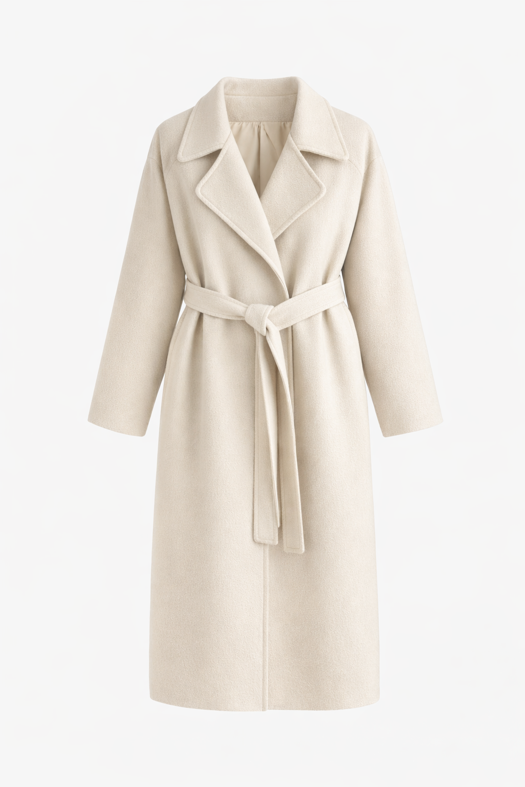 Off-white coat shown on its own with wide lapels and a knotted belt