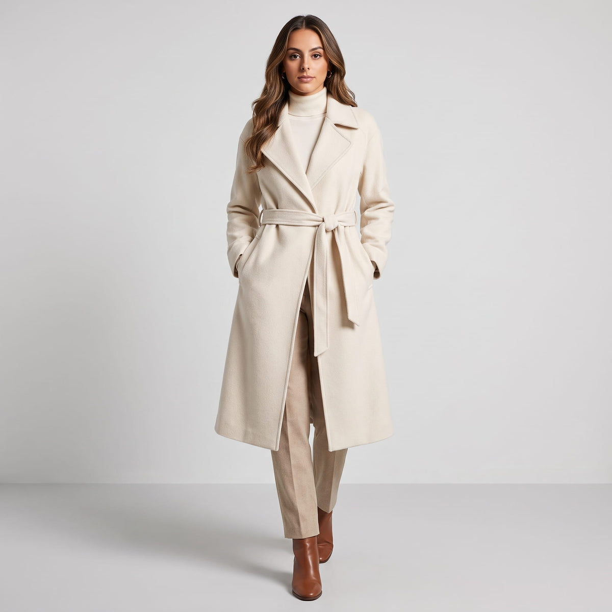 Model walking in off-white coat with a tied belt and light trousers