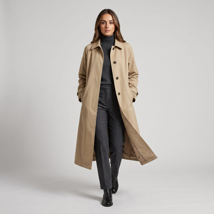 Long Cotton Trench Coat – Single-Breasted, Raglan Sleeves & Point Collar | Saskia