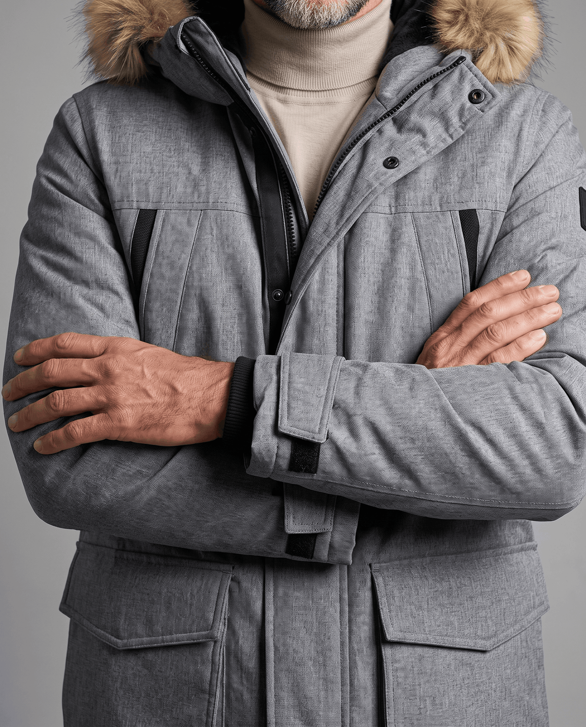 Close-up of gray parka chest, flap pockets and cuff tab with arms crossed