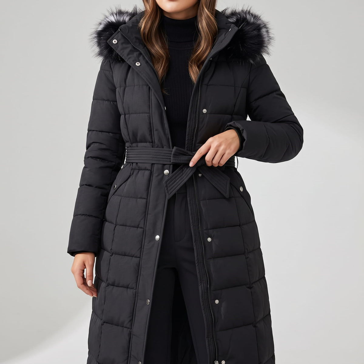 Black coat belted at the waist with snap placket and plush trim hood