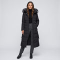 Full-length view of black puffer coat with plush trim hood, worn open