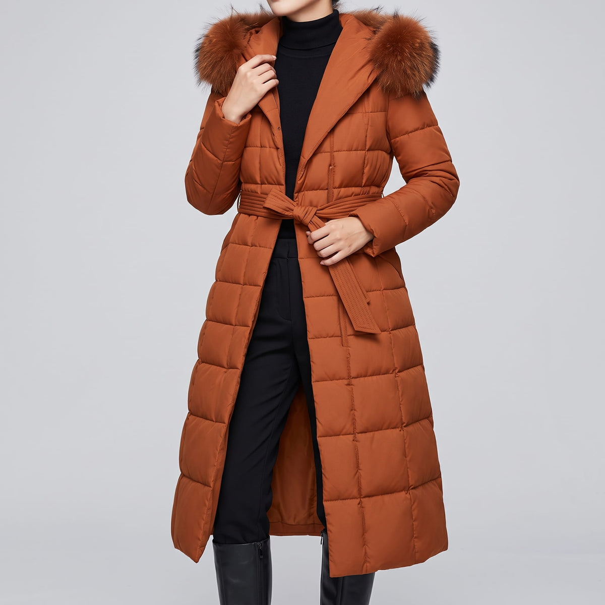 Caramel coat tied at the waist with the matching belt