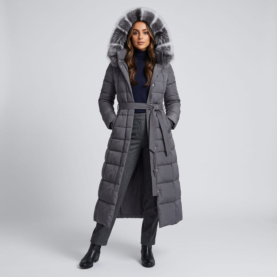 Long Hooded Puffer Coat – Plush Trim, Tie Belt & Quilted Finish | Talia