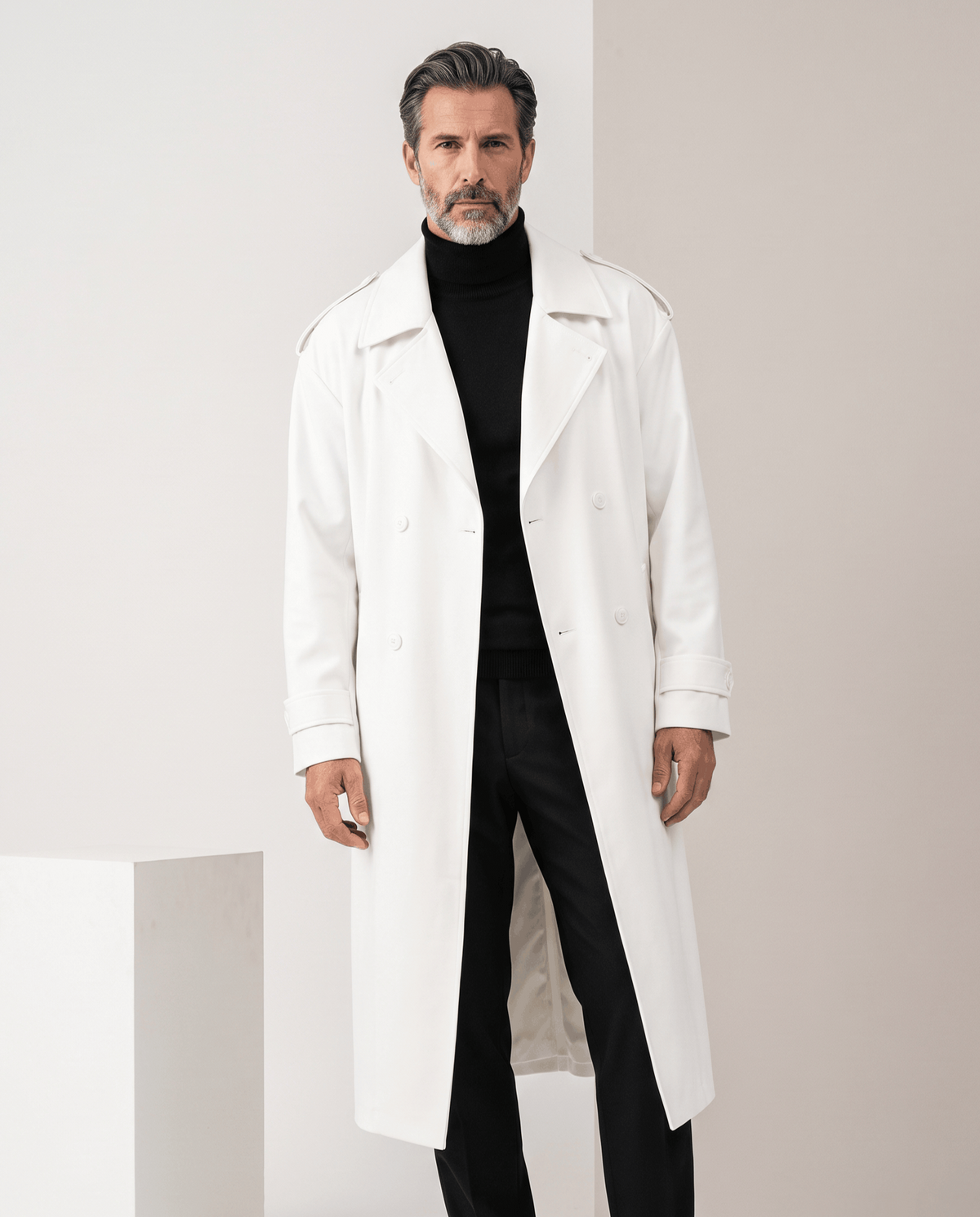 Longline double-breasted trench coat in white worn open over black turtleneck, front view