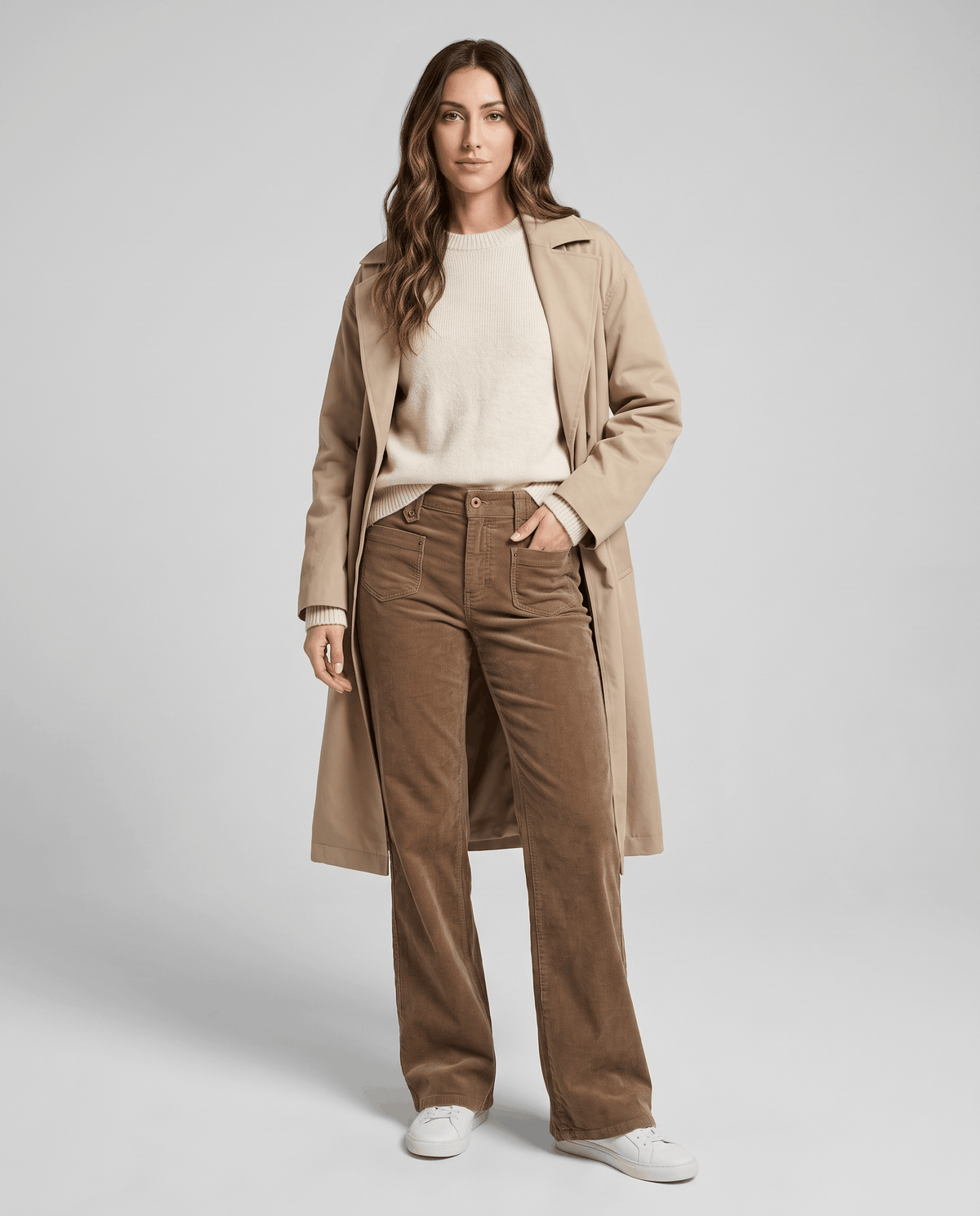 Model in khaki corduroy pants layered with a camel coat and cream knit sweater