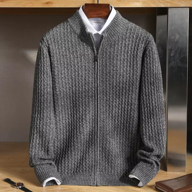 Esteban Men's Lightweight Merino Wool Zip Sweater with Waffle-Knit Texture