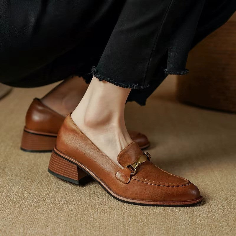 Cristy Women's Leather Heeled Loafers – Slip-On Dress Shoes with Gold Horsebit Accent