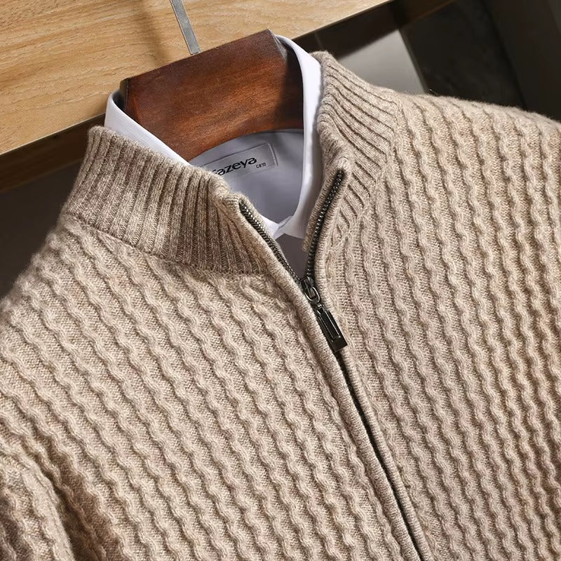 Esteban Men's Lightweight Merino Wool Zip Sweater with Waffle-Knit Texture