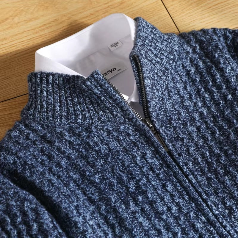 Esteban Men's Lightweight Merino Wool Zip Sweater with Waffle-Knit Texture