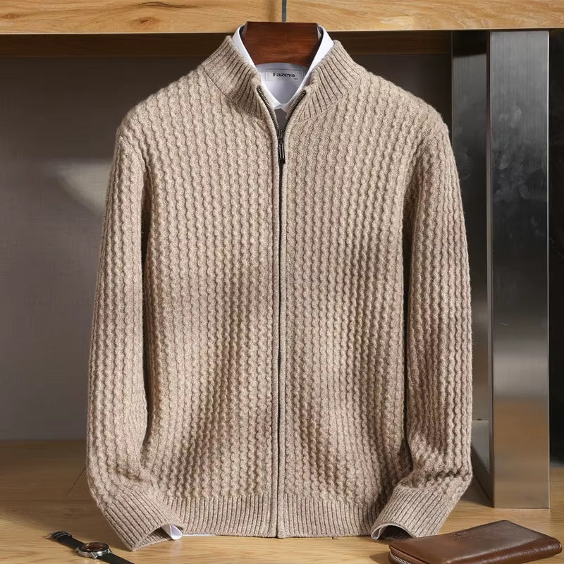 Esteban Men's Lightweight Merino Wool Zip Sweater with Waffle-Knit Texture