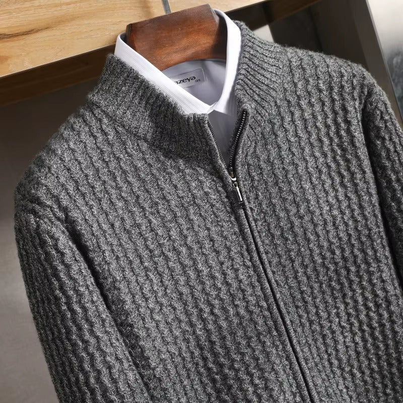 Esteban Men's Lightweight Merino Wool Zip Sweater with Waffle-Knit Texture