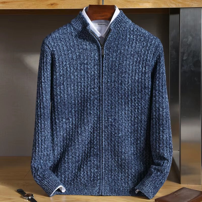 Esteban Men's Lightweight Merino Wool Zip Sweater with Waffle-Knit Texture
